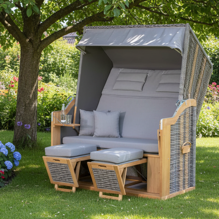 Strandkorb SunnySmart Rustikal 34 Z XL Teakholz, PE-Geflecht onix grau, Dessin 1222