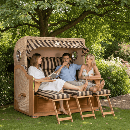 Strandkorb Mr. Deko Baltikum Bullaugen Teak Geflecht PE shell 3 Sitzer XXL Dessin 581