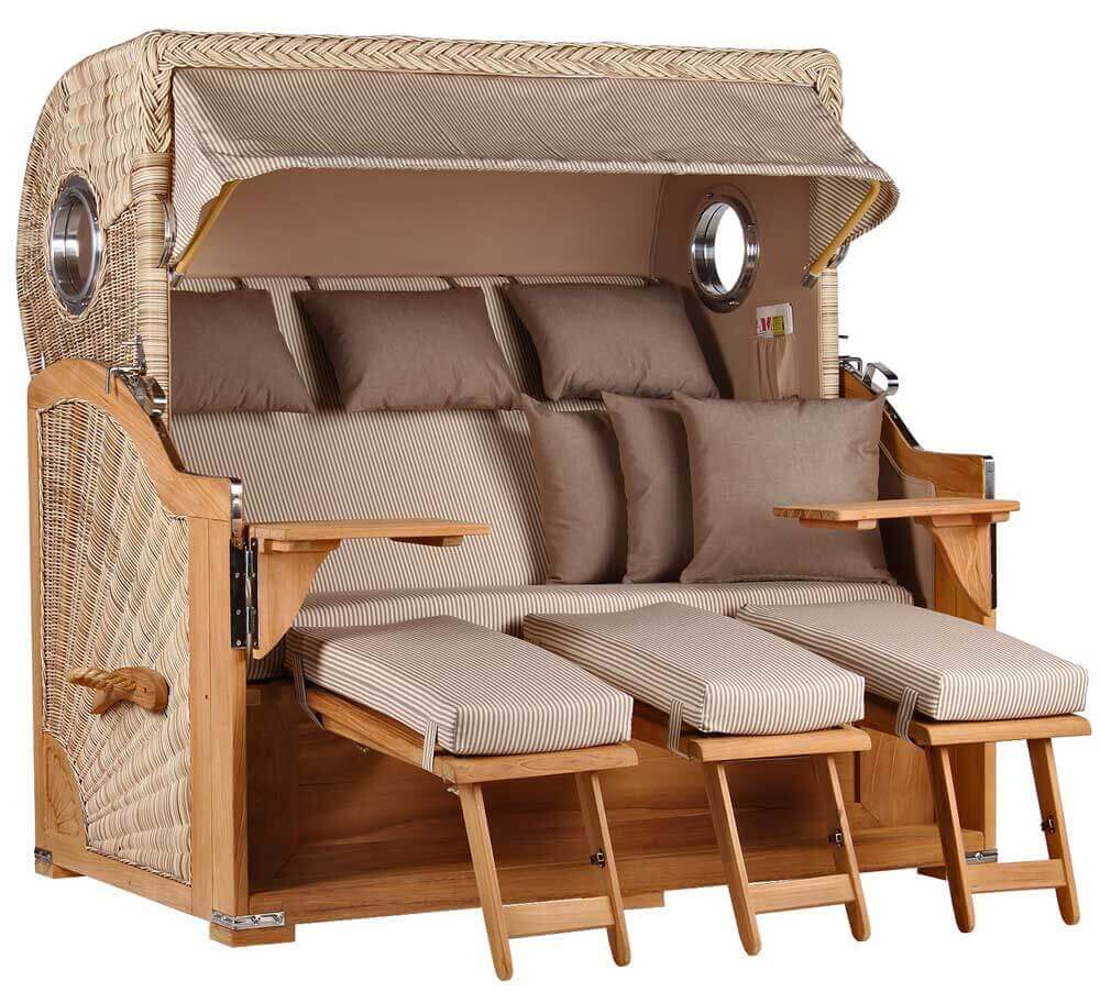Strandkorb Mr. Deko Baltikum Bullaugen Teak Geflecht PE shell 3 Sitzer XXL