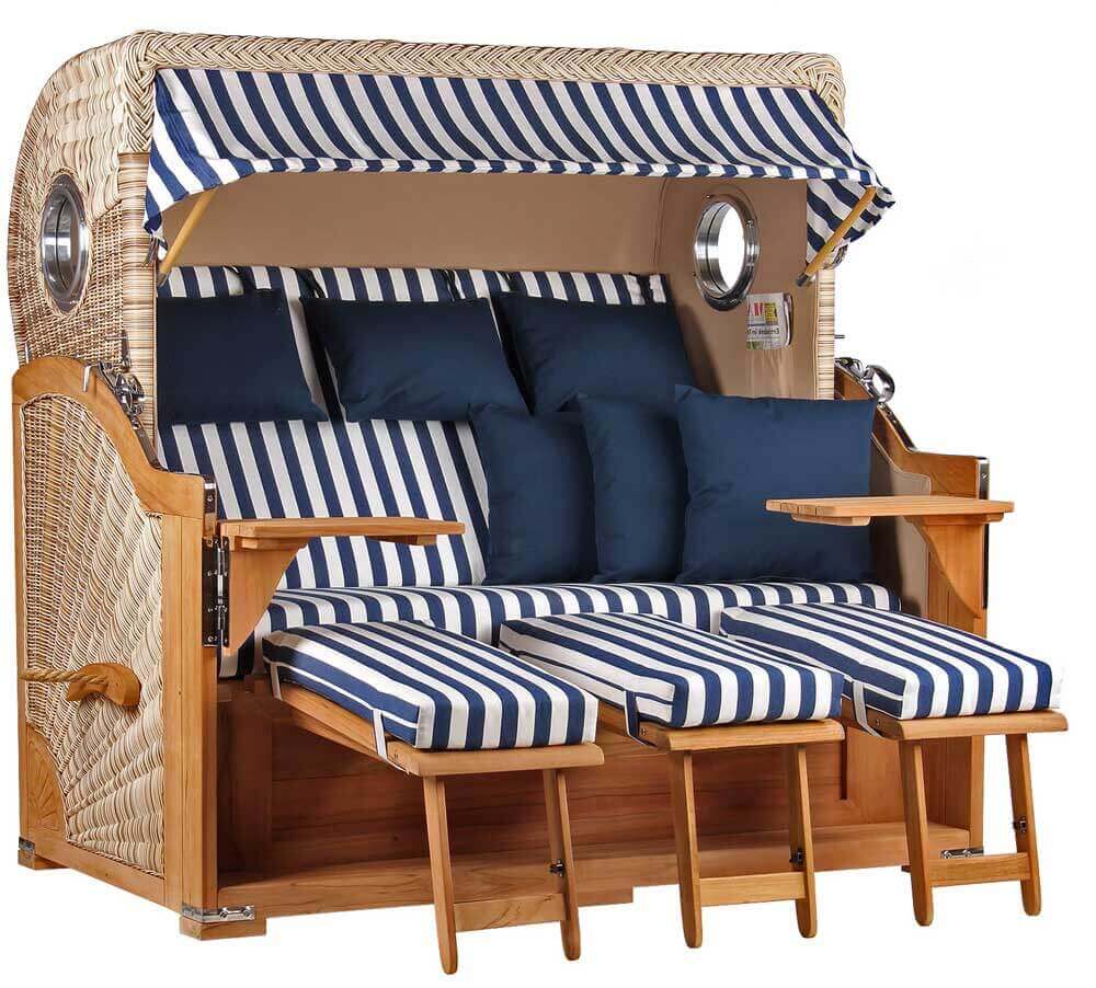 Strandkorb Mr. Deko Baltikum Bullaugen Teak Geflecht PE shell 3 Sitzer XXL Dessin 518 - Strandkorb Fachhandel Prieß
