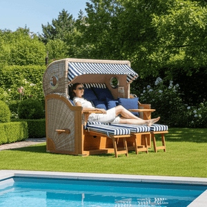 Strandkorb Mr. Deko Baltikum Bullaugen Teak Geflecht PE shell 3 Sitzer XXL Dessin 518