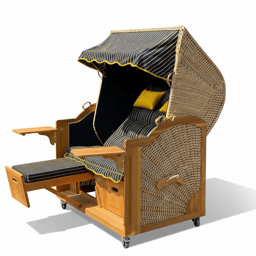 Strandkorb Prieß Modell Meister aus Lärche mit PE-Geflecht natur und schwarz-gelbem Stoff-Dessin, verstellbare Fußstützen, Größe wählbar