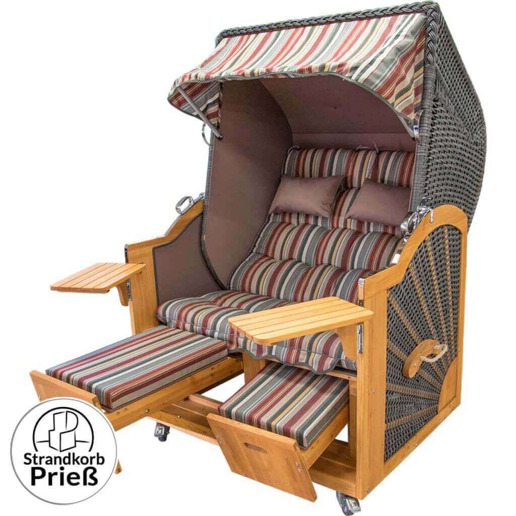 Strandkorb Prieß Modell Meister aus Lärchenholz mit dunkelgrauem Geflecht und Streifenpolster, verstellbare Fußstützen, Premium Strandkorb