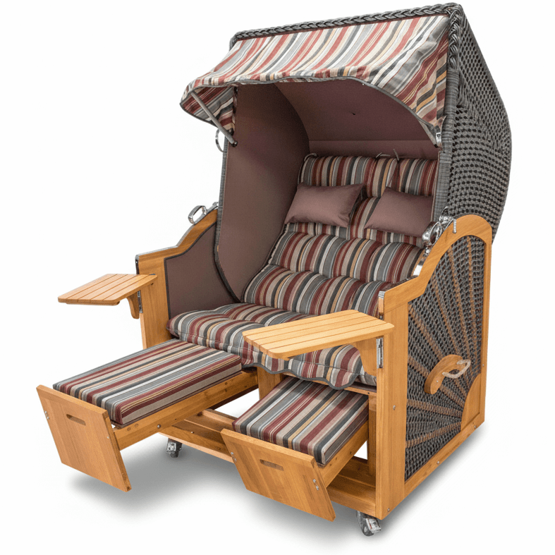 Strandkorb Prieß Modell Meister aus Lärchenholz mit dunkelgrauem PE-Geflecht und gestreiftem Stoff-Dessin, verstellbare Fußstützen