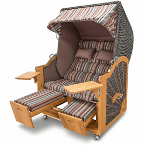 Strandkorb Prieß Modell Meister aus Lärchenholz mit dunkelgrauem PE-Geflecht und gestreiftem Stoff-Dessin, verstellbare Fußstützen