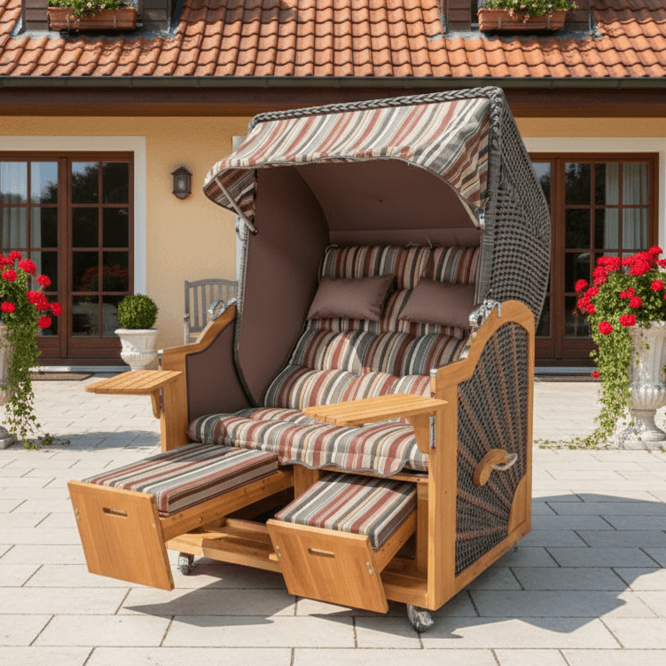 Strandkorb Prieß Modell Meister aus Lärche mit dunkelgrauem PE-Geflecht und Streifenpolster, luxuriöser Zweisitzer auf Terrasse