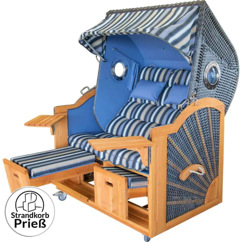 6053 Strandkorb Prieß, Modell Meister, Foto zeigt Lärche Holz, PE-Geflecht anthrazit, Größe wählbar, Stoff-Dessin wie abgebildet - Strandkorb Fachhandel Prieß