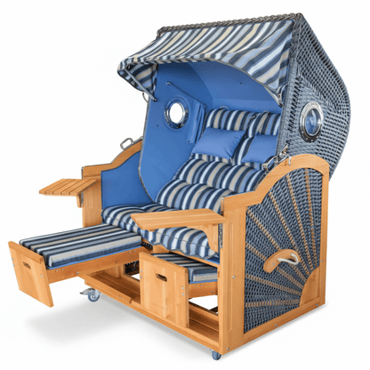 6053 Strandkorb Prieß, Modell Meister, Foto zeigt Lärche Holz, PE-Geflecht dunkelgrau, Größe wählbar, Stoff-Dessin wie abgebildet