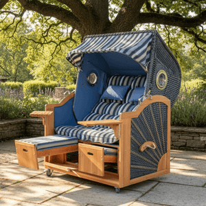 6053 Strandkorb Prieß, Modell Meister, Foto zeigt Lärche Holz, PE-Geflecht dunkelgrau, Größe wählbar, Stoff-Dessin wie abgebildet