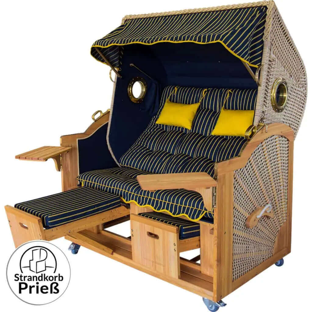 6054 Strandkorb Prieß, Modell Meister, Foto zeigt Lärche Holz, PE-Geflecht natur, Größe wählbar, Stoff-Dessin wie abgebildet - Strandkorb Fachhandel Prieß