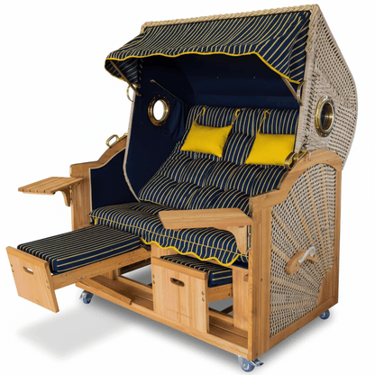 6054 Strandkorb Prieß, Modell Meister, Foto zeigt Lärche Holz, PE-Geflecht natur, Größe wählbar, Stoff-Dessin wie abgebildet