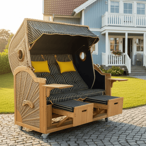 6054 Strandkorb Prieß, Modell Meister, Foto zeigt Lärche Holz, PE-Geflecht natur, Größe wählbar, Stoff-Dessin wie abgebildet