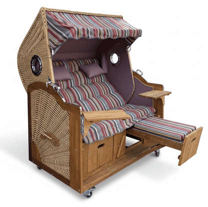 6005 Strandkorb Prieß, Modell Meister, Foto zeigt Iroko Holz, PE-Geflecht natur, Größe wählbar, Stoff-Dessin wie abgebildet