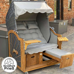 Strandkorb Prieß Modell Meister, Iroko Holz und anthrazites PE Geflecht, 123 cm Strandkorb für Garten.