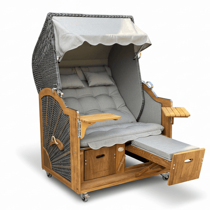 AG 1610 Strandkorb Prieß Modell Meister, Foto zeigt Iroko Holz, PE Geflecht dunkelgrau, wie abgebildet, 123 cm