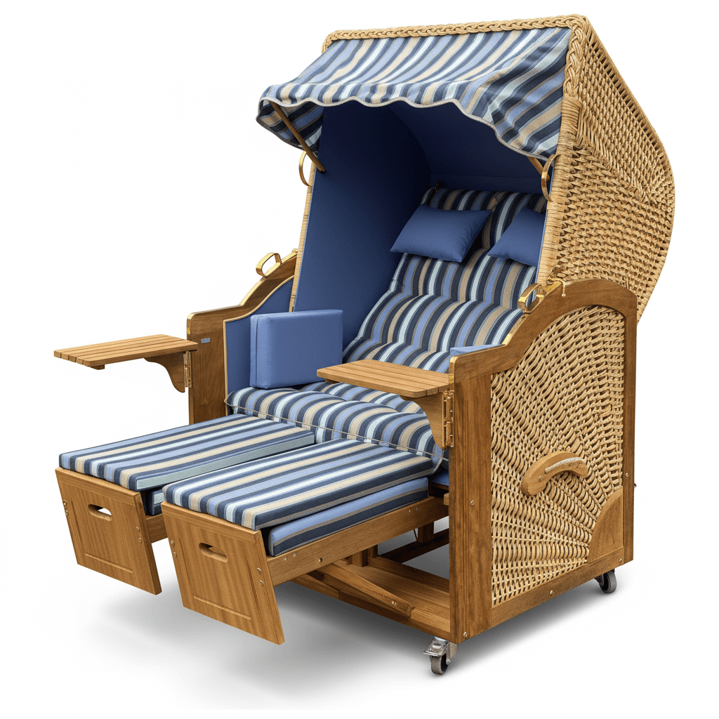 6004 Strandkorb Prieß Modell Meister, Foto zeigt Iroko Holz, PE-Geflecht natur, Größe wählbar, Stoff-Dessin wie abgebildet