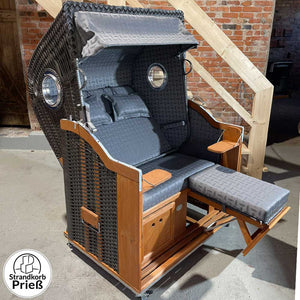 Strandkorb Sonnenpartner Modell Classic Bullaugen Holz natur lasiert PVC-Geflecht anthrazit, Dessin 51 wie abgebildet - Strandkorb Prieß