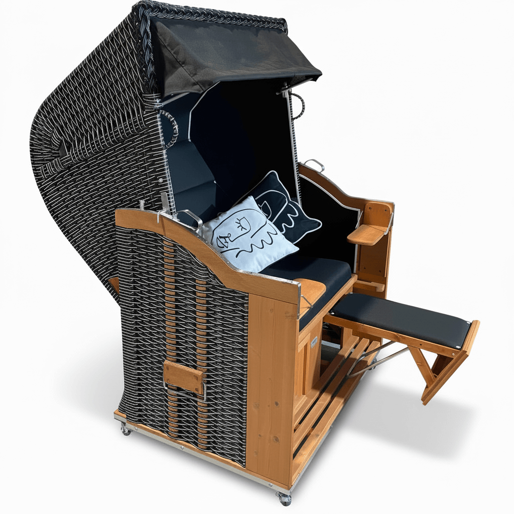 Strandkorb Sonnenpartner Modell Classic schwarz-weiss Geflecht mit Holzgestell lasiert und schwarzem Sonderstoff mit Kissen