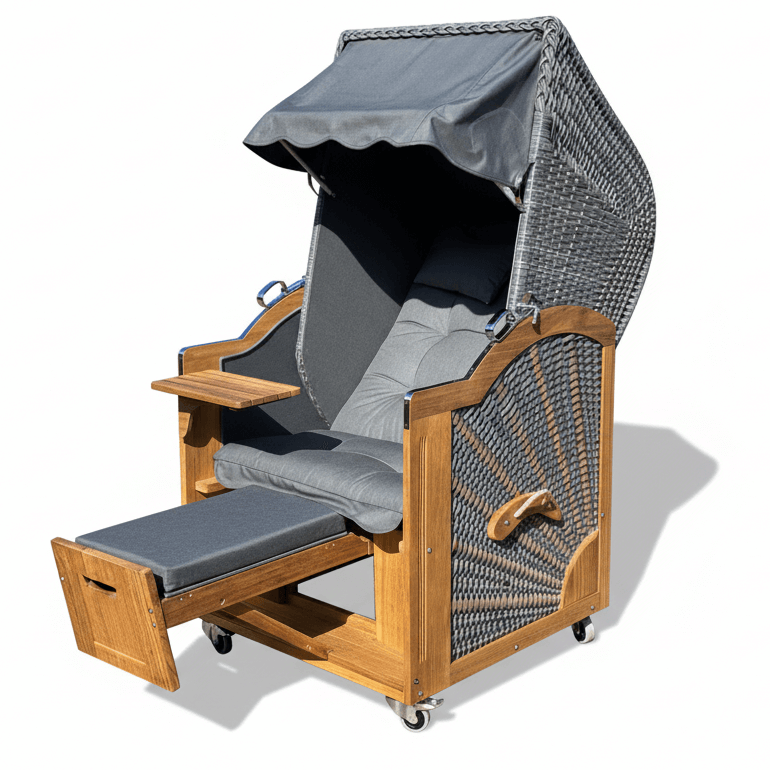 6020 Strandkorb Prieß, Modell Meister, Foto zeigt Iroko Holz, PE-Geflecht dunkelgrau, Größe wählbar, Stoff-Dessin wie abgebildet