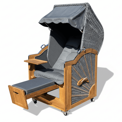 6020 Strandkorb Prieß, Modell Meister, Foto zeigt Iroko Holz, PE-Geflecht dunkelgrau, Größe wählbar, Stoff-Dessin wie abgebildet