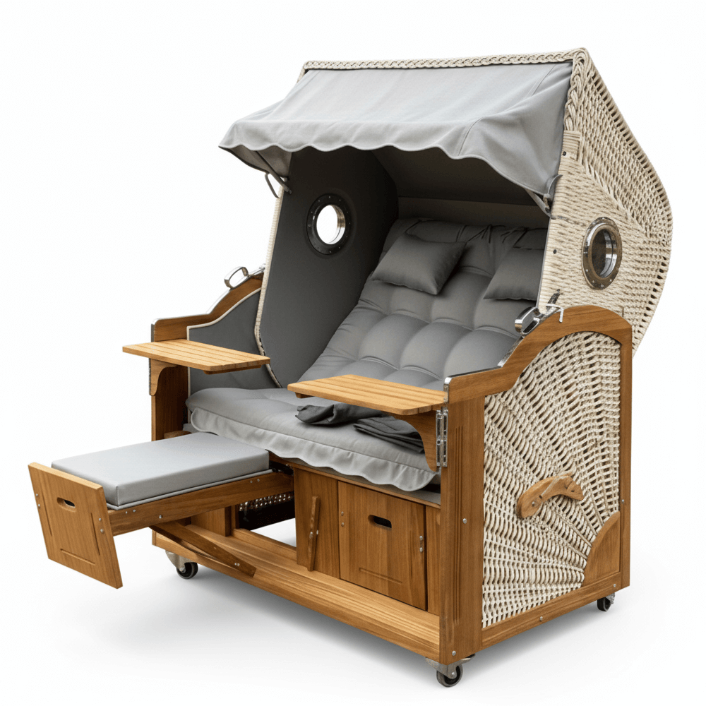 6044 Strandkorb Prieß, Modell Meister, Foto zeigt Iroko Holz, PE-Geflecht taupe, Größe wählbar, Stoff-Dessin wie abgebildet