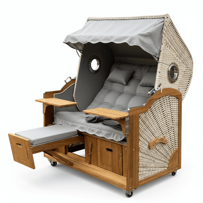 6044 Strandkorb Prieß, Modell Meister, Foto zeigt Iroko Holz, PE-Geflecht taupe, Größe wählbar, Stoff-Dessin wie abgebildet