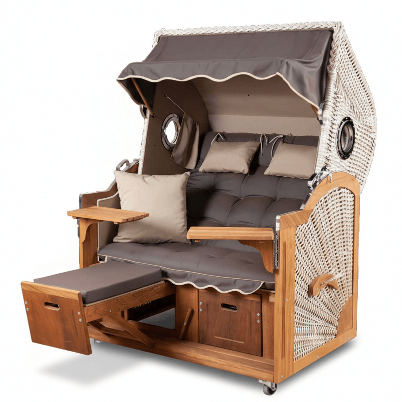 Strandkorb Prieß Modell Meister aus Iroko Holz mit PE-Geflecht taupe und verstellbarer Doppelsitz-Liegefläche