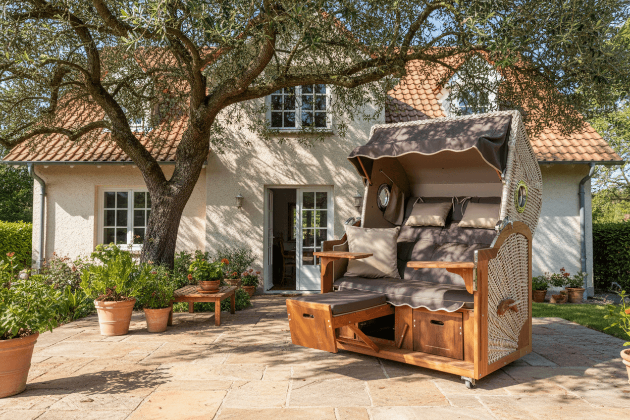 Strandkorb Prieß Modell Meister aus Iroko Holz mit PE-Geflecht taupe im Garten vor Landhaus, Stoff-Dessin wie abgebildet