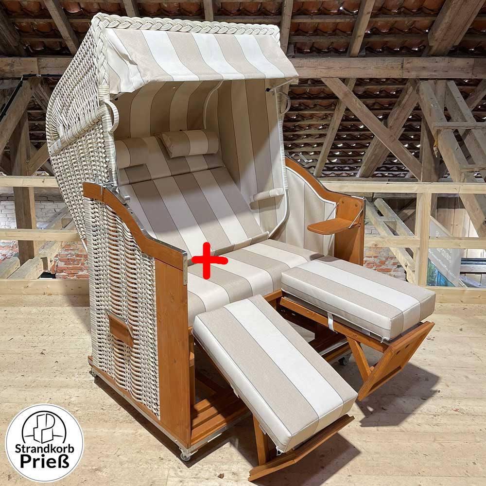 Strandkorb Sonnenpartner Modell Classic Holz natur lasiert PE-Geflecht antik weiß Dessin 54, creme beige - Strandkorb Prieß