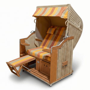 Strandkorb Sonnenpartner Modell Classic PE-Geflecht Naturoptik mit Holzgestell, Dessin 67-701 orange sand, 2-Sitzer Halblieger