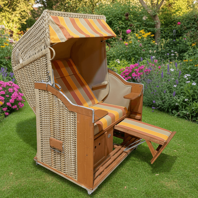 Strandkorb Sonnenpartner Modell Classic PE-Geflecht Naturoptik, Holz lasiert, Dessin 67-701, orange sand