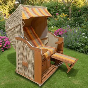 Strandkorb Sonnenpartner Modell Classic PE-Geflecht Naturoptik, Holz lasiert, Dessin 67-701, orange sand