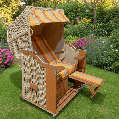 Strandkorb Sonnenpartner Modell Classic PE-Geflecht Naturoptik, Holz lasiert, Dessin 67-701, orange sand