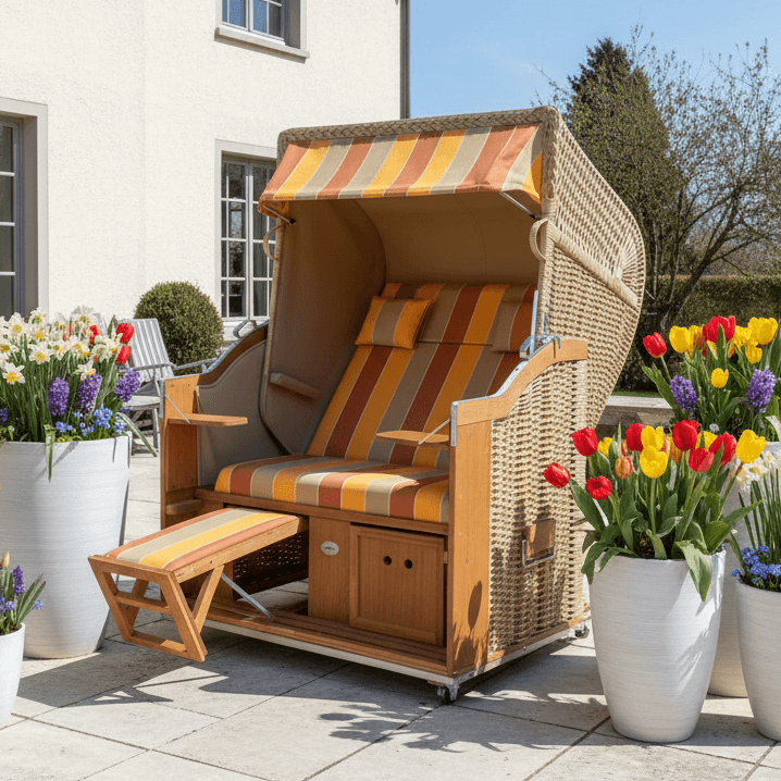 Strandkorb Sonnenpartner Modell Classic PE-Geflecht Naturoptik orange sand 2-Sitzer auf Terrasse zwischen bunten Blumen