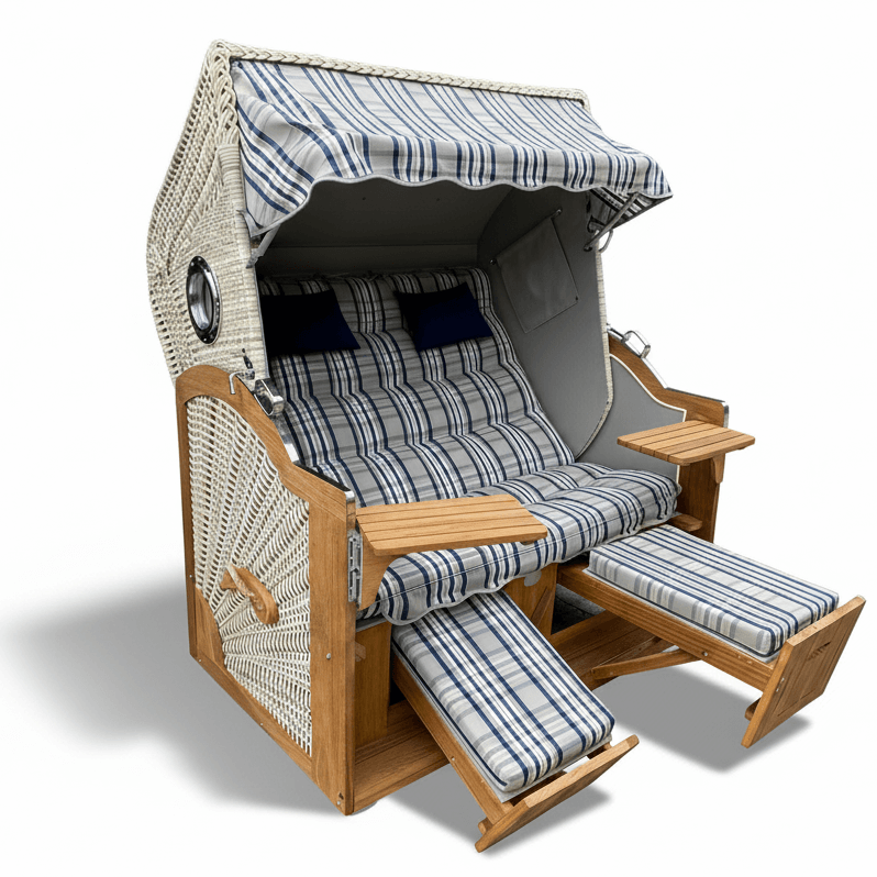 6031 Strandkorb Prieß, Modell Meister, Foto zeigt Iroko Holz, PE-Geflecht taupe, Größe wählbar, Stoff-Dessin wie abgebildet