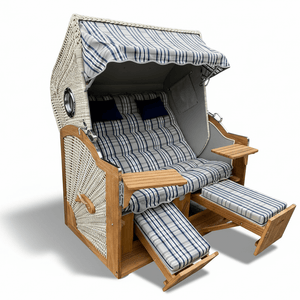 6031 Strandkorb Prieß, Modell Meister, Foto zeigt Iroko Holz, PE-Geflecht taupe, Größe wählbar, Stoff-Dessin wie abgebildet