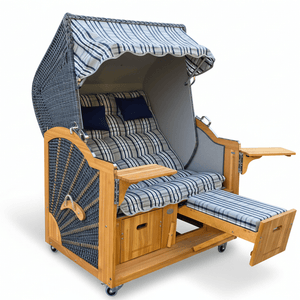 6034 Strandkorb Prieß, Modell Meister, Foto zeigt Lärche Holz, PE-Geflecht dunkelgrau, Größe wählbar, Stoff-Dessin wie abgebildet