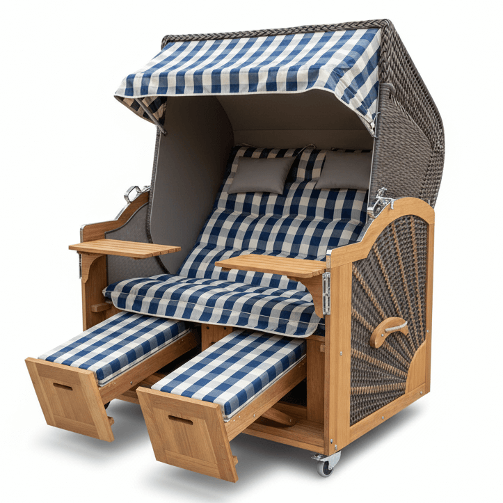 Strandkorb Prieß Modell Meister aus Iroko Holz mit PE-Geflecht cappuccino und kariertem Stoff-Dessin, Größe wählbar