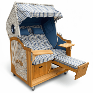 6029 Strandkorb Prieß, Modell Meister, Foto zeigt Lärche Holz, PE-Geflecht taupe, Größe wählbar, Stoff-Dessin wie abgebildet