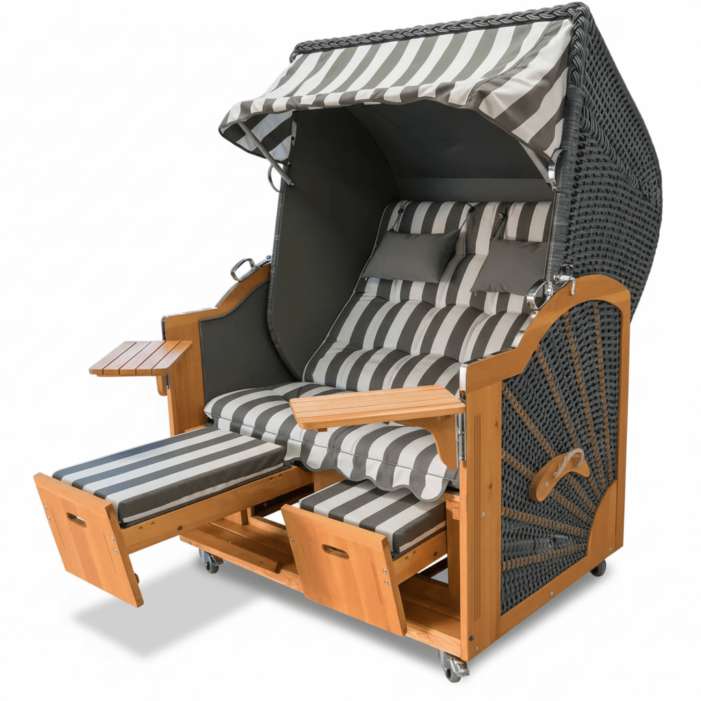 6055 Strandkorb Prieß, Modell Meister, Foto zeigt Lärche Holz, PE-Geflecht dunkelgrau, Größe wählbar, Stoff-Dessin wie abgebildet