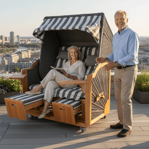 6055 Strandkorb Prieß, Modell Meister, Foto zeigt Lärche Holz, PE-Geflecht dunkelgrau, Größe wählbar, Stoff-Dessin wie abgebildet