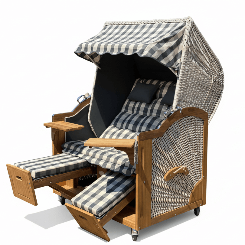 Strandkorb Prieß Modell Meister aus Iroko Holz mit PE-Geflecht taupe und kariertem Stoff-Dessin, verstellbare Fußstützen, Größe wählbar