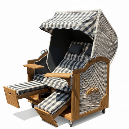 Strandkorb Prieß Modell Meister aus Iroko Holz mit PE-Geflecht taupe und kariertem Stoff-Dessin, verstellbare Fußstützen, Größe wählbar