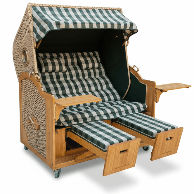 6032 Strandkorb Prieß, Modell Meister, Foto zeigt Lärche Holz, PE-Geflecht natur, Größe wählbar, Stoff-Dessin wie abgebildet