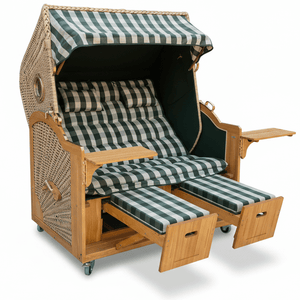 6032 Strandkorb Prieß, Modell Meister, Foto zeigt Lärche Holz, PE-Geflecht natur, Größe wählbar, Stoff-Dessin wie abgebildet