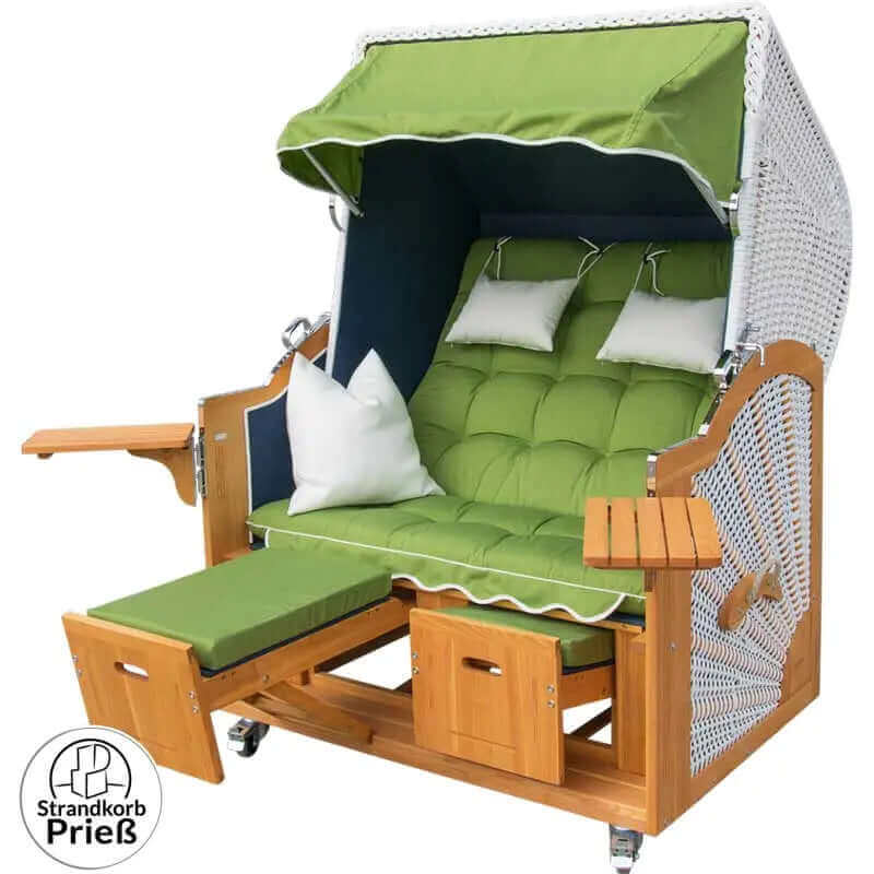 6049 Strandkorb Prieß, Modell Meister, Foto zeigt Lärche Holz, PE-Geflecht weiss, Größe wählbar, Stoff-Dessin wie abgebildet - Strandkorb Fachhandel Prieß