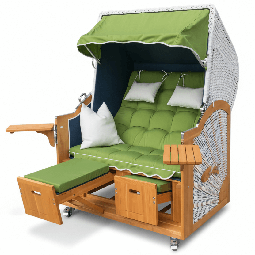 6049 Strandkorb Prieß, Modell Meister, Foto zeigt Lärche Holz, PE-Geflecht weiss, Größe wählbar, Stoff-Dessin wie abgebildet