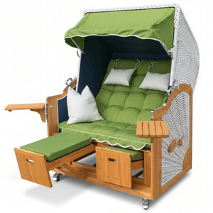 6049 Strandkorb Prieß, Modell Meister, Foto zeigt Lärche Holz, PE-Geflecht weiss, Größe wählbar, Stoff-Dessin wie abgebildet