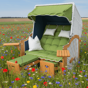 6049 Strandkorb Prieß, Modell Meister, Foto zeigt Lärche Holz, PE-Geflecht weiss, Größe wählbar, Stoff-Dessin wie abgebildet