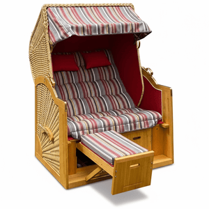 6037 Strandkorb Prieß, Modell Meister, Foto zeigt Lärche Holz, PE-Geflecht natur, Größe wählbar, Stoff-Dessin wie abgebildet